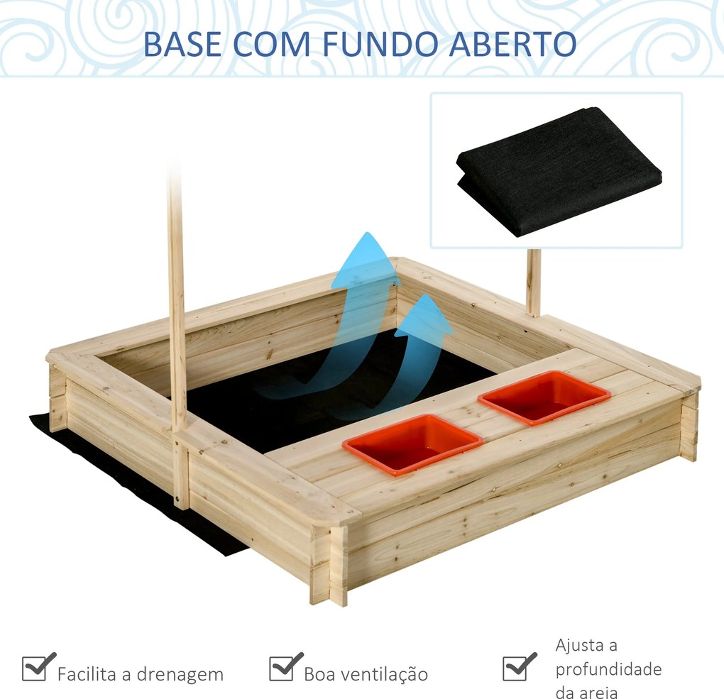 Caixa de Areia Infantil de Madeira com Teto Inclinável Ajustável em Al