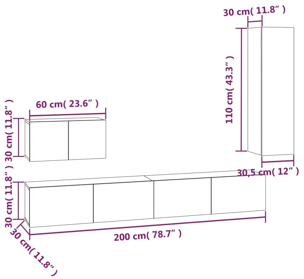 Conjunto móveis de TV 4 pcs madeira processada branco