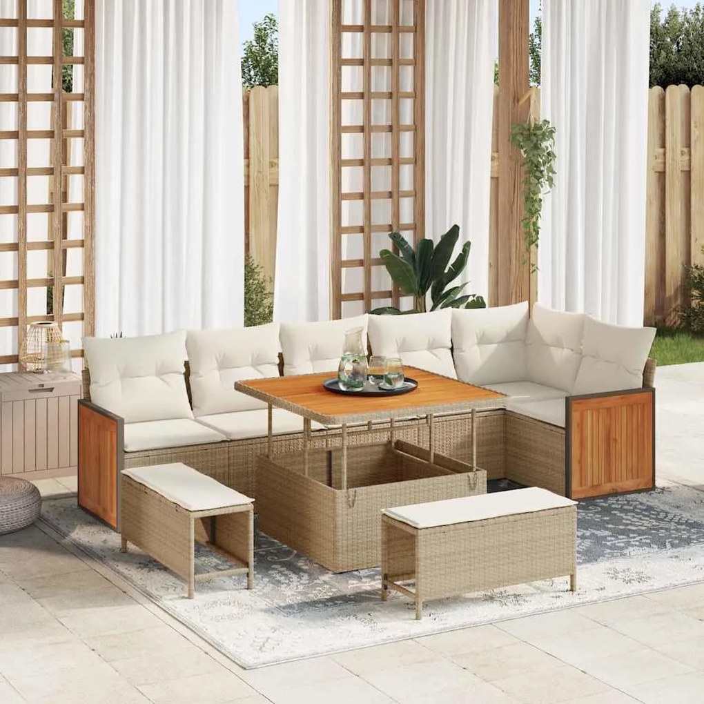 vidaXL Conjunto de Sofá de Jardim 9 Peças com Almofadas Rattan Bege e Acácia