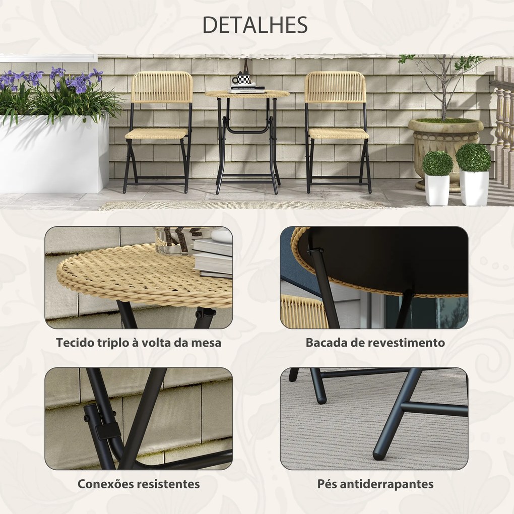 Conjunto de Mesa e Cadeiras de Vime Conjunto de 3 Peças Móveis de Jardim Dobrável com 2 Cadeiras e 1 Mesa Redonda Madeira