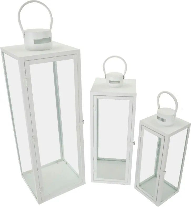 Conjunto de 3 Lanternas Brancas em Metal e Vidro – 66 cm, 49,5 cm e 39