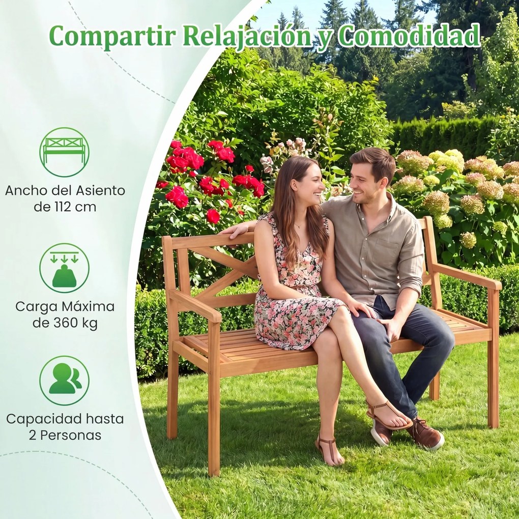 Banco de jardim de acácia de 2 lugares com encosto, 56 x 119 x 80 cm braços e assento em ripas, com capacidade para 360 kg, Natural