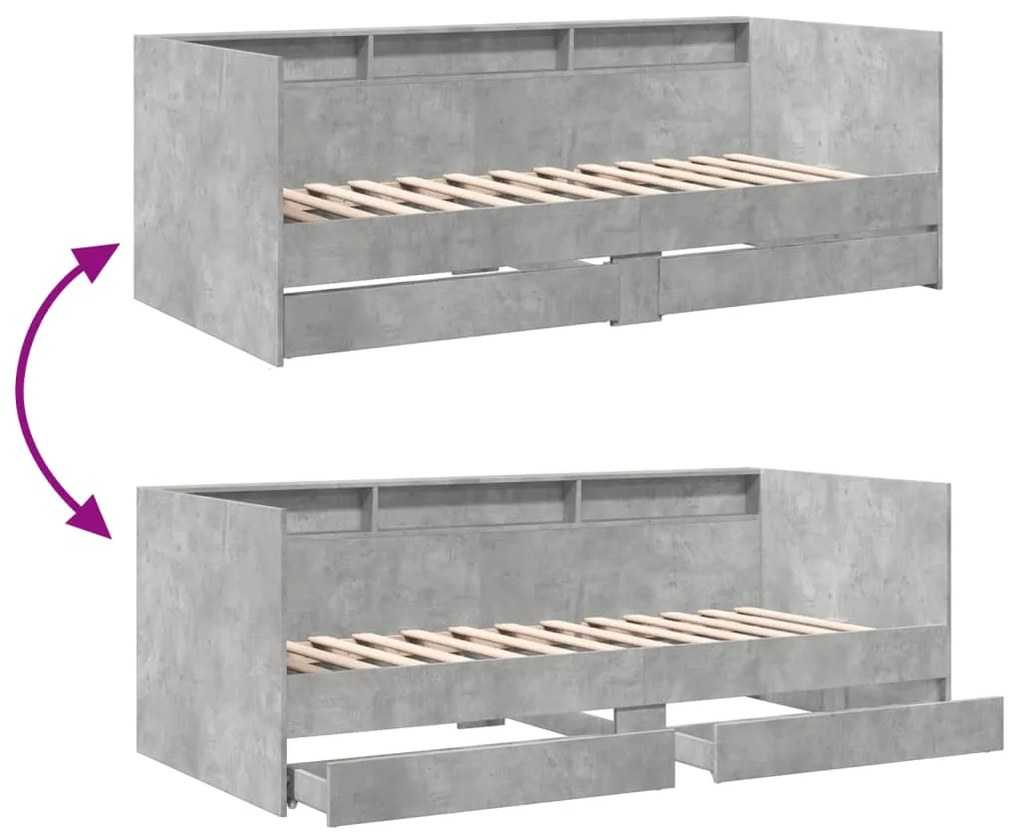 Sofá-cama com gavetas sem colchão 75x190 cm cinzento cimento