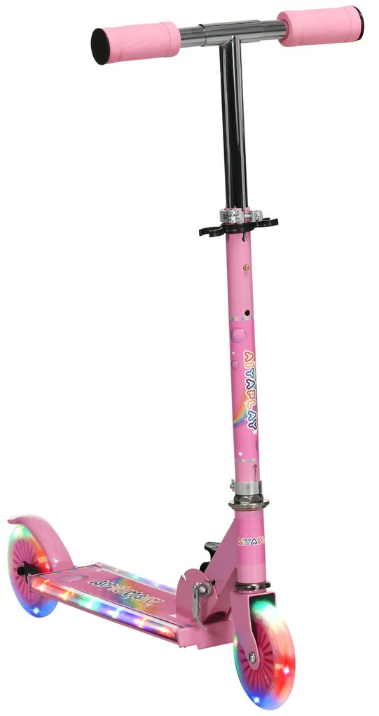HOMCOM Trotinete para Crianças Dobrável com Luzes e Música 4 Alturas Ajustável Rodas Brilhantes e Pedal LED 67x32x65-78 cm Rosa