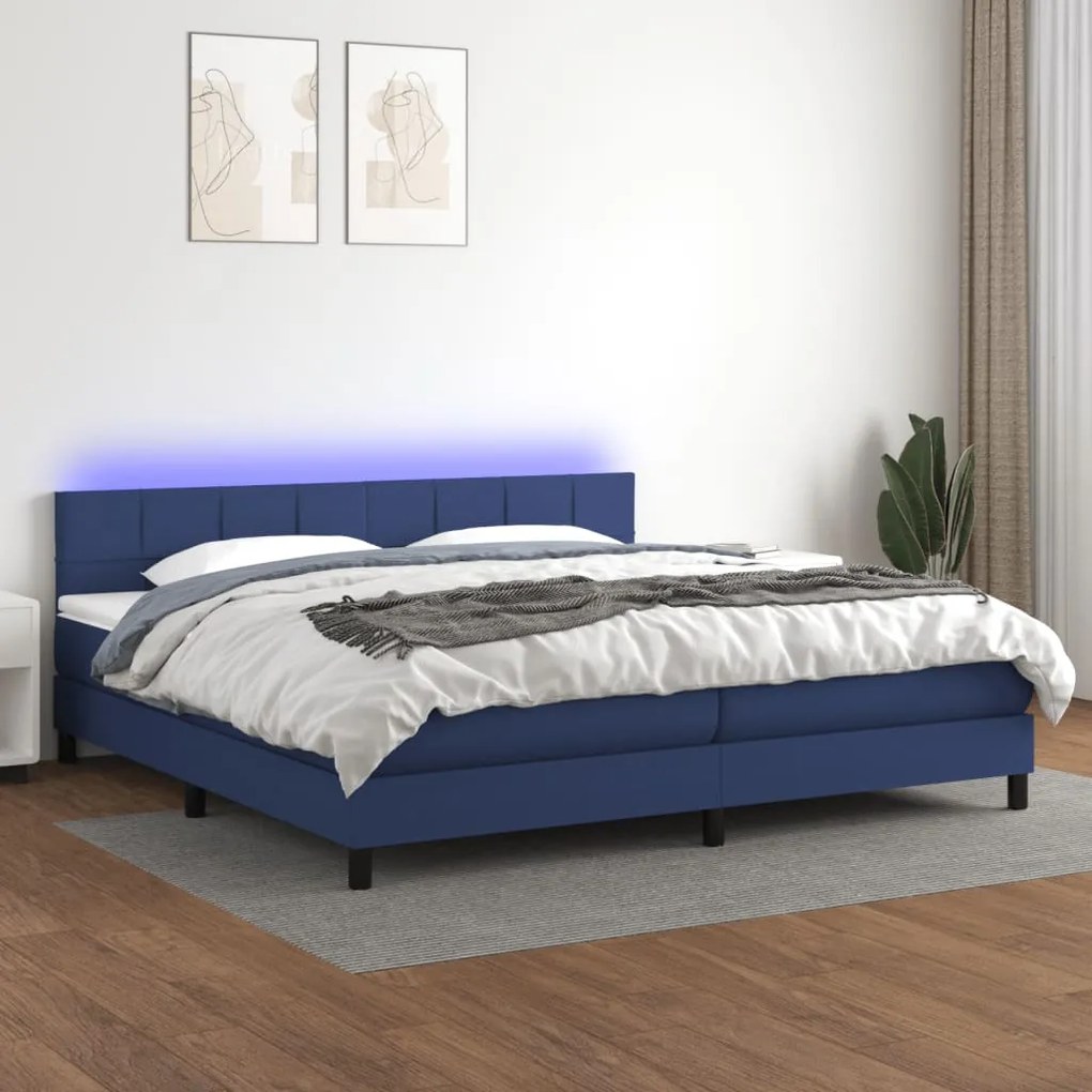 Cama box spring c/ colchão e LED 200x200 cm tecido azul