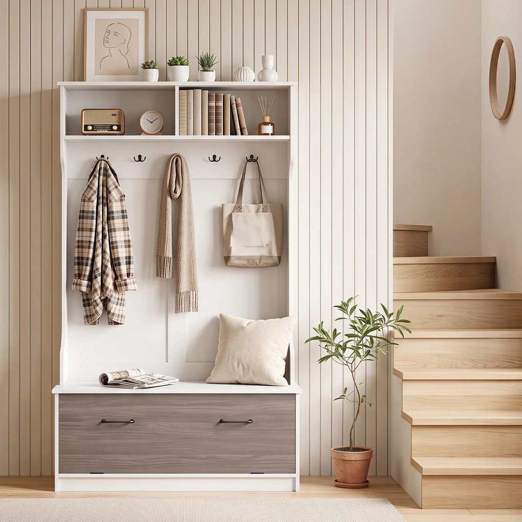 Bengaleiro e Sapateira com Porta Basculante, 100 x 40 x 180 cm, 5 Ganchos e Compartimentos de Arrumação, Branco