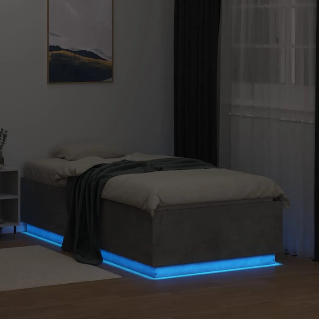 Estrutura de cama c/ luzes LED derivados madeira cinza cimento