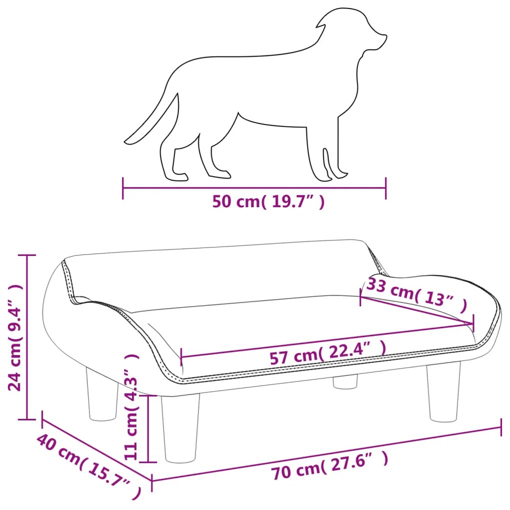 Cama para cães 70x40x24 cm veludo cinzento-claro