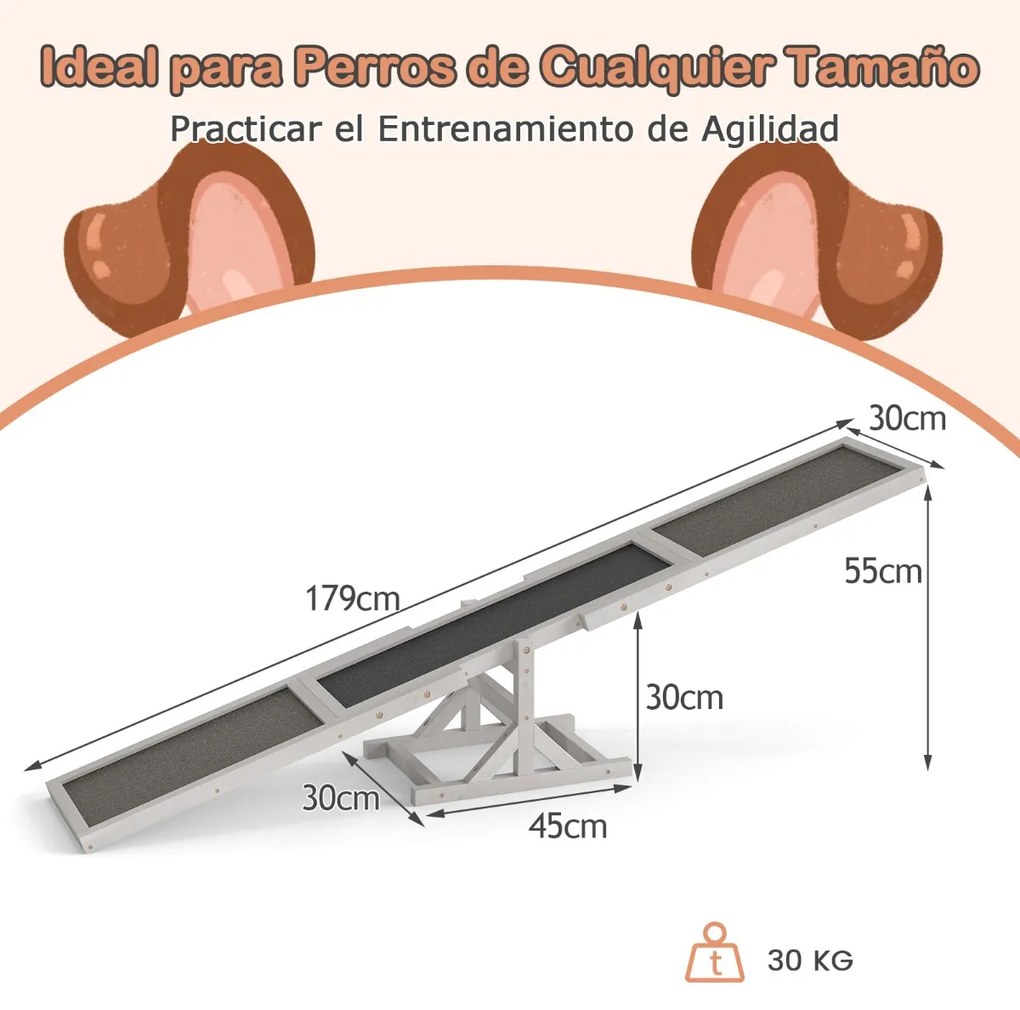 Baloiço de agilidade para cães 179 x 30 x 55 cm, com rampa antiderrapante para animais de estimação, para uso interno e externo, Cinzento