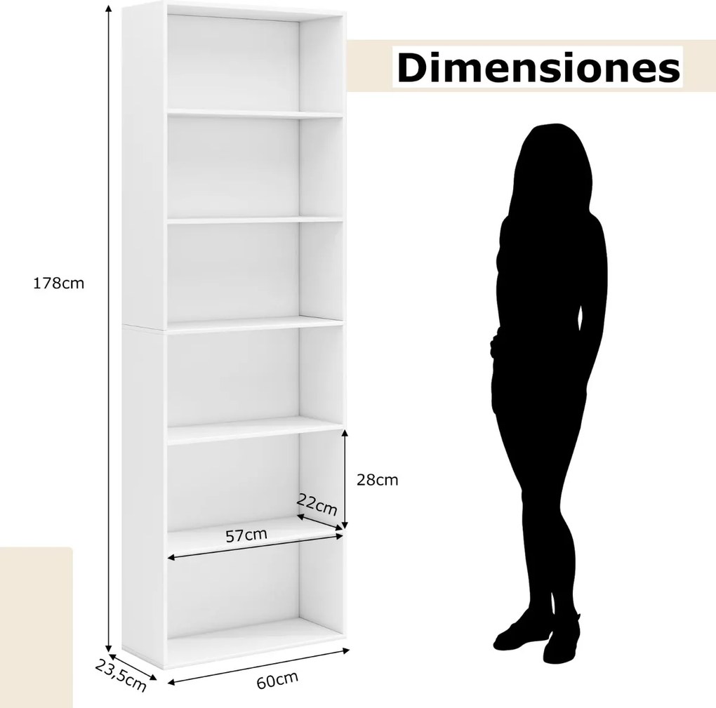 Estante aberta de 6 níveis 60 x 23,5 x 178 cm moderna para sala, quarto ou escritório Branco