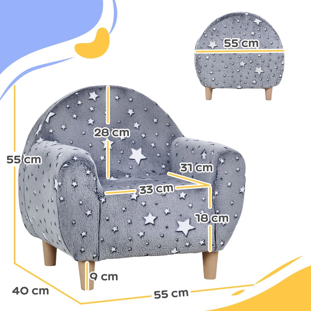 Poltrona infantil fosforescente com padrão de estrelas, tecido de veludo cinzento