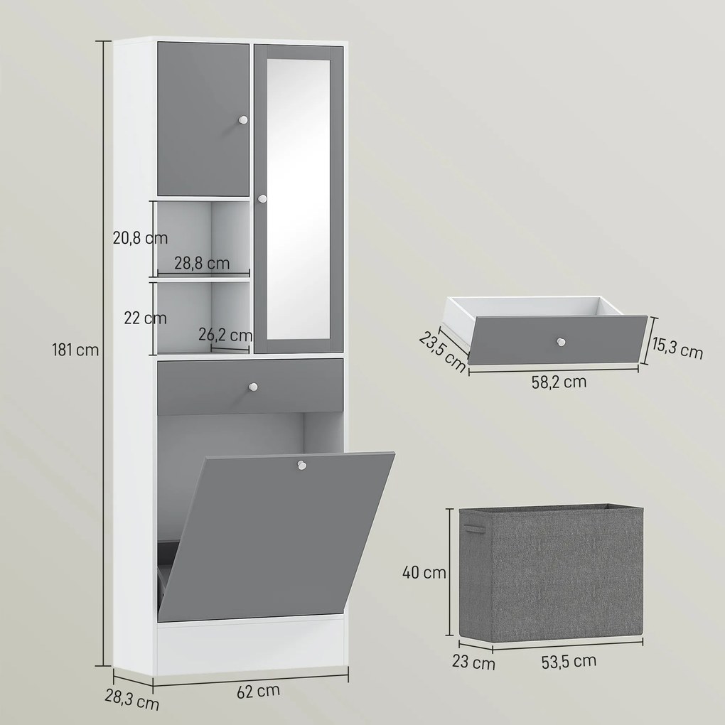 Móvel de casa de banho 62 x 28,3 x 181 cm com cesto para roupa suja e espelho com prateleira ajustável, cinzento e branco