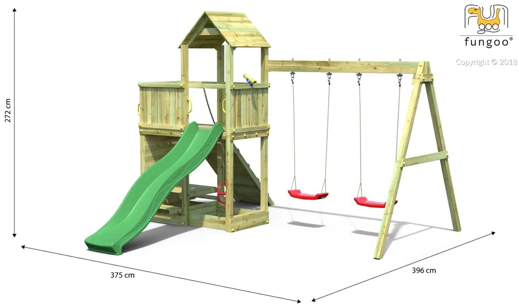 Parque infantil Crianças Exterior FLOPPI KDI Escorrega, 2 Baloiços, volante, telescópio, rampa com corda de trepar, mesa de piquenique, parede escalad