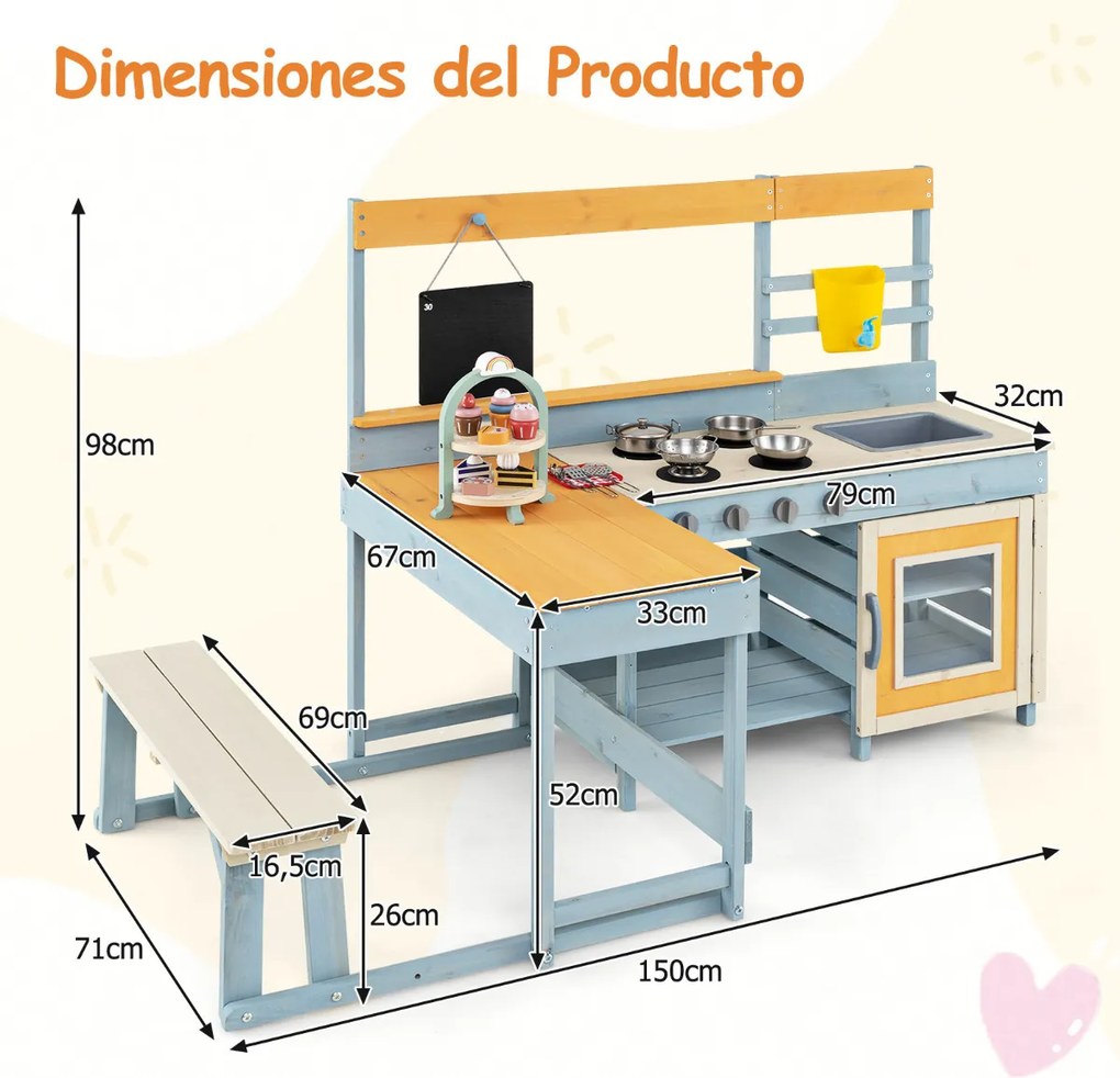 Cozinha de brincar com mesa de piquenique para crianças em madeira de abeto com banco de ardósia, lava-loiça e acessórios para o pátio ou jardim Multi