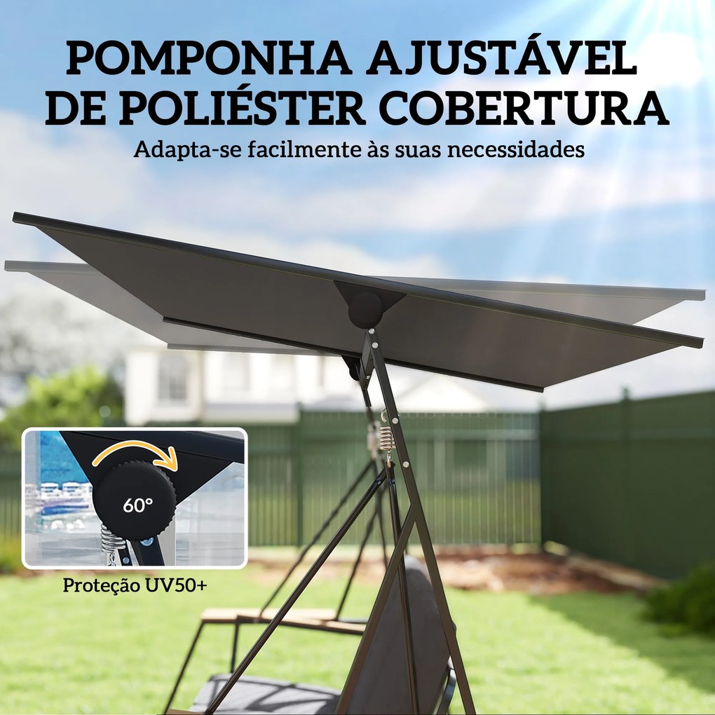 Baloiço de Jardim de 3 Lugares com Teto Ajustável UPF50+ 2 Bandejas Almofadas e Estrutura em Metal 222x131x175 cm Cinza