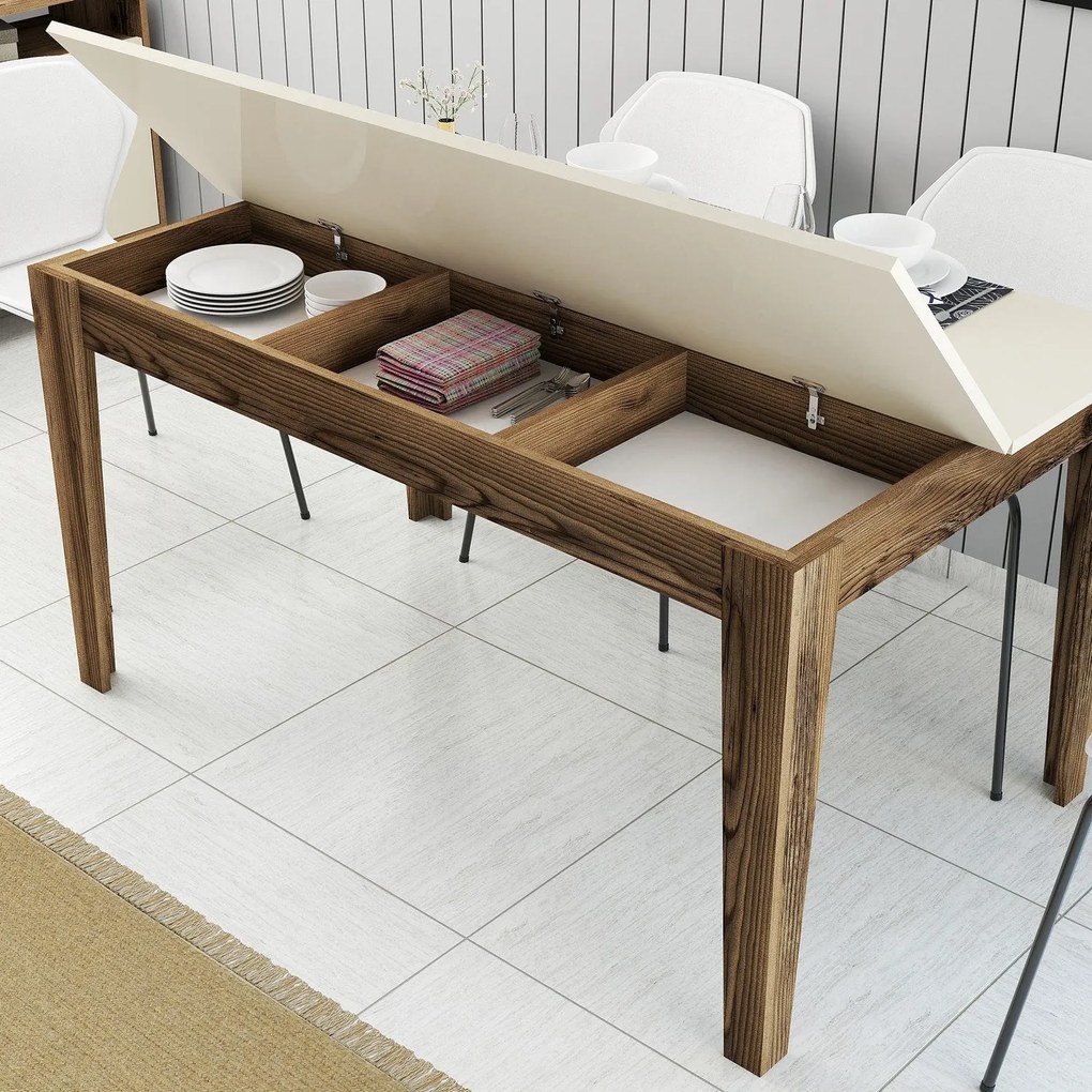 Mesa de Jantar "Milano" com Arrumação – 145x88x75 cm – Nogueira e Crem