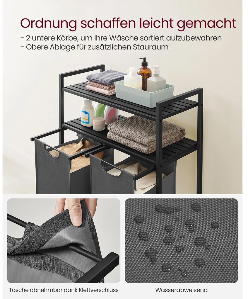 Cesto para roupa suja 2 x 46 L com 2 prateleiras preto-cinzento