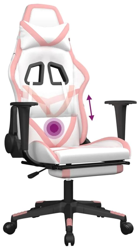 Cadeira gaming massagens c/ apoio pés couro artif. branco/rosa