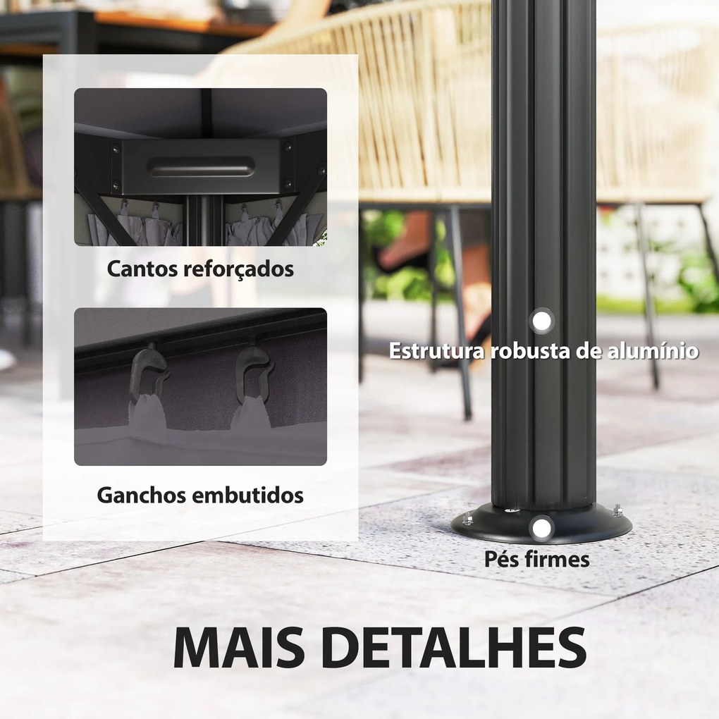 Pérgola de Jardim 390x290x270 cm com 4 Cortinas Laterais 4 Telas Mosquiteiras e 8 Orifícios de Drenagem Cinza