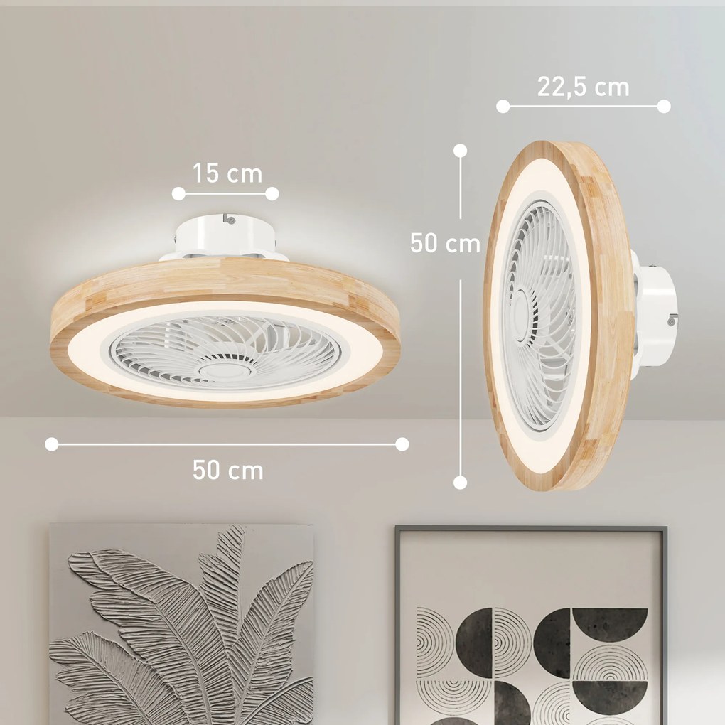 Ventilador de Teto com Luz, 50 x 50 x 22,5 cm, Motor DC Reversível, cor Madeira Natural