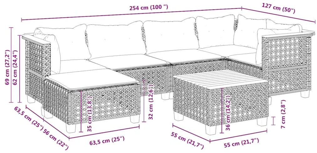 7 pcs conjunto de sofás p/ jardim com almofadões vime PE bege