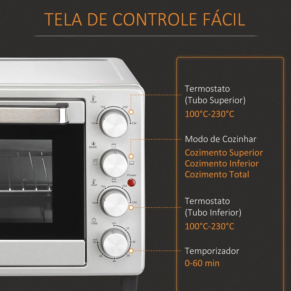 HOMCOM Mini Forno de Convecção 32L 16000 com 3 Modos de Aquecimento Te