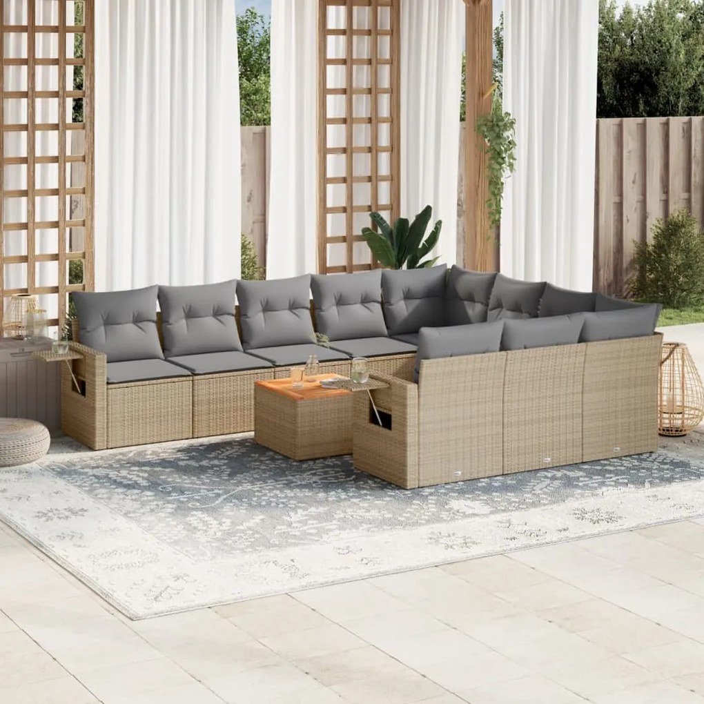 vidaXL 11 pcs conj. sofás jardim c/ almofadões vime PE bege misturado