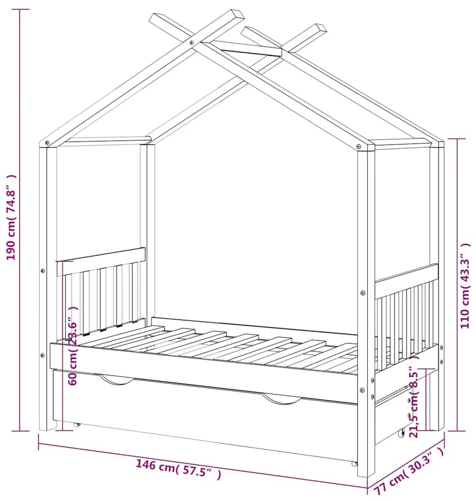 Cama de criança c/ gaveta 70x140 cm pinho maciço cinza-escuro