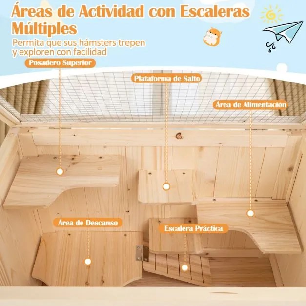Gaiola para hamsters, de 80 cm com teto de malha rebatível, escada múltipla, rampa, prateleira inferior, painel acrílico e porta castanha