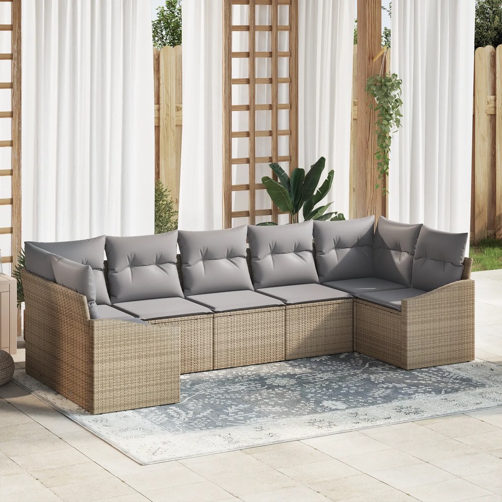 Conjunto de Jantar de Jardim de 7 Peças com Almofadas Bege em Rattan S
