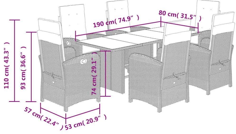 7 pcs conj. jantar jardim c/ almofadões vime PE bege misturado