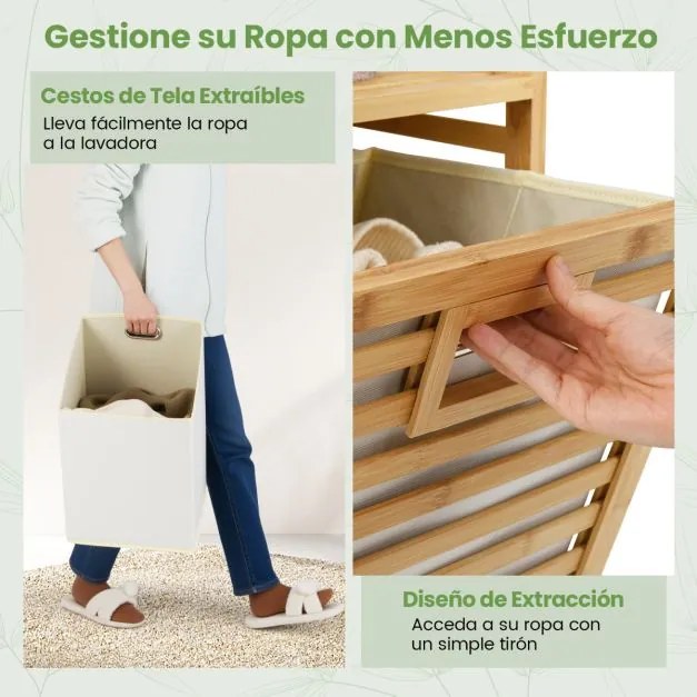 Cesto de roupa suja duplo 80 x 30 x 72 cm com abertura de bambu de 75 L com 2 cestos removíveis Natural