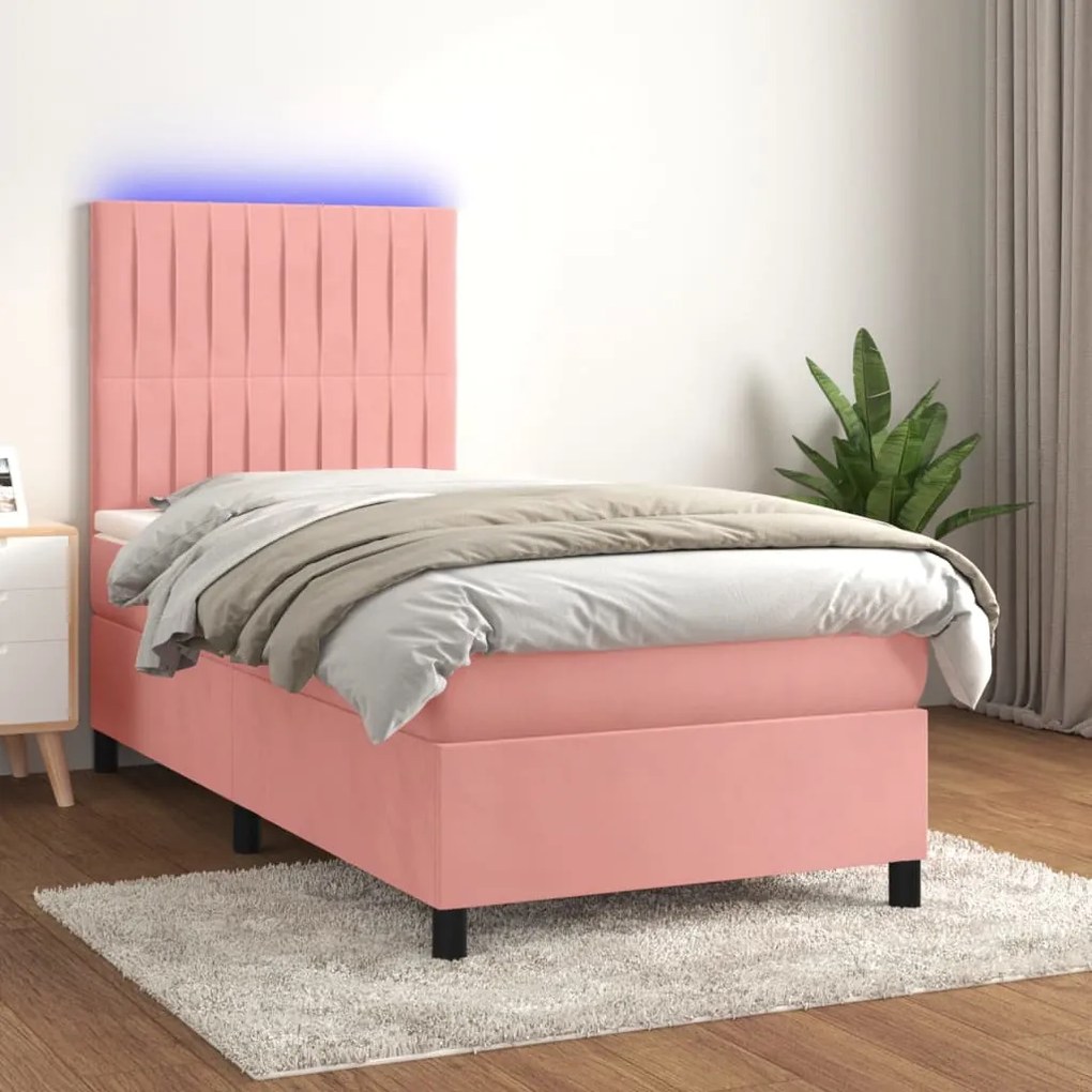 Cama box spring c/ colchão/LED 90x200 cm veludo rosa