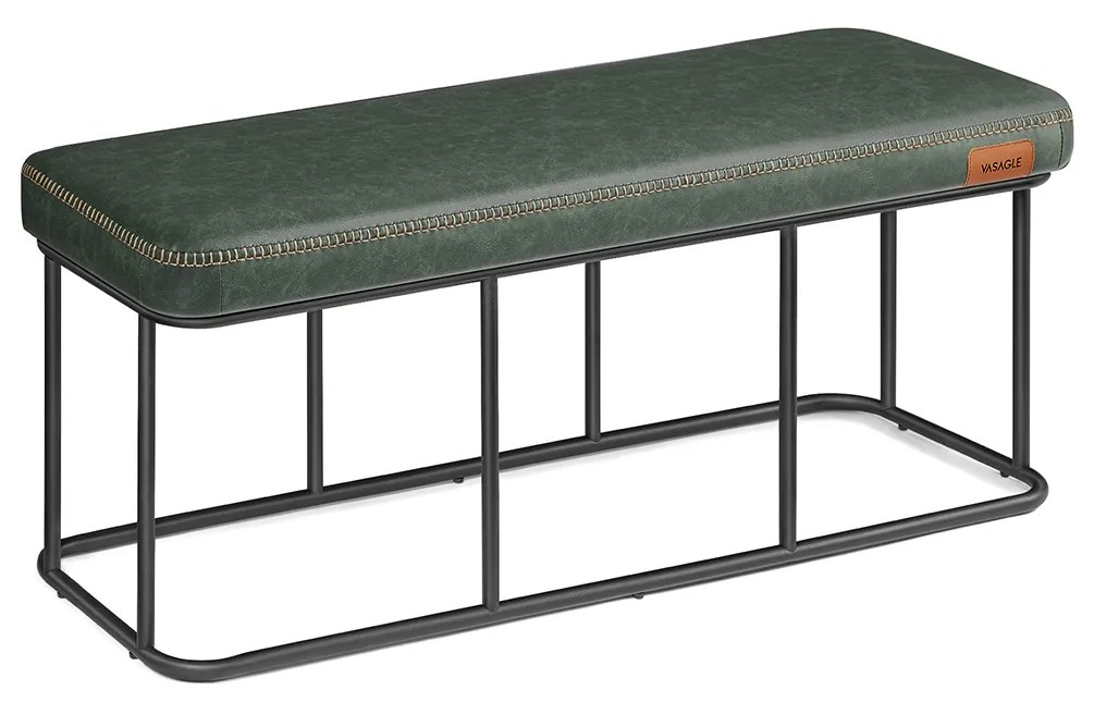 Coleção VASAGLE EKHO - Banco para entrada de quarto, couro sintético com costura, banco otomano com estrutura de aço, sala de estar e jantar, estilo moderno de meados do século, suporta 303 kg, verde floresta LOM073C01