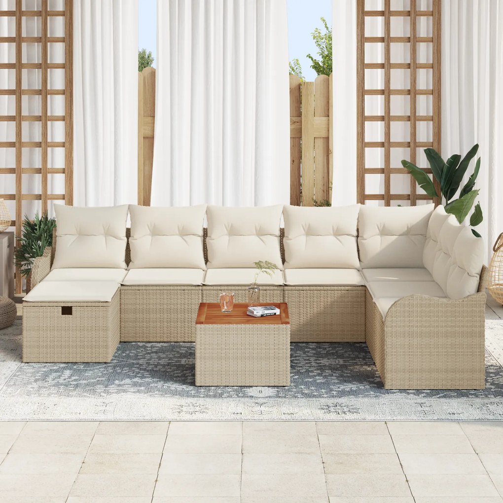 Conjunto de Sofá de Jardim de 9 Peças com Almofadas Bege Rattan Poliés