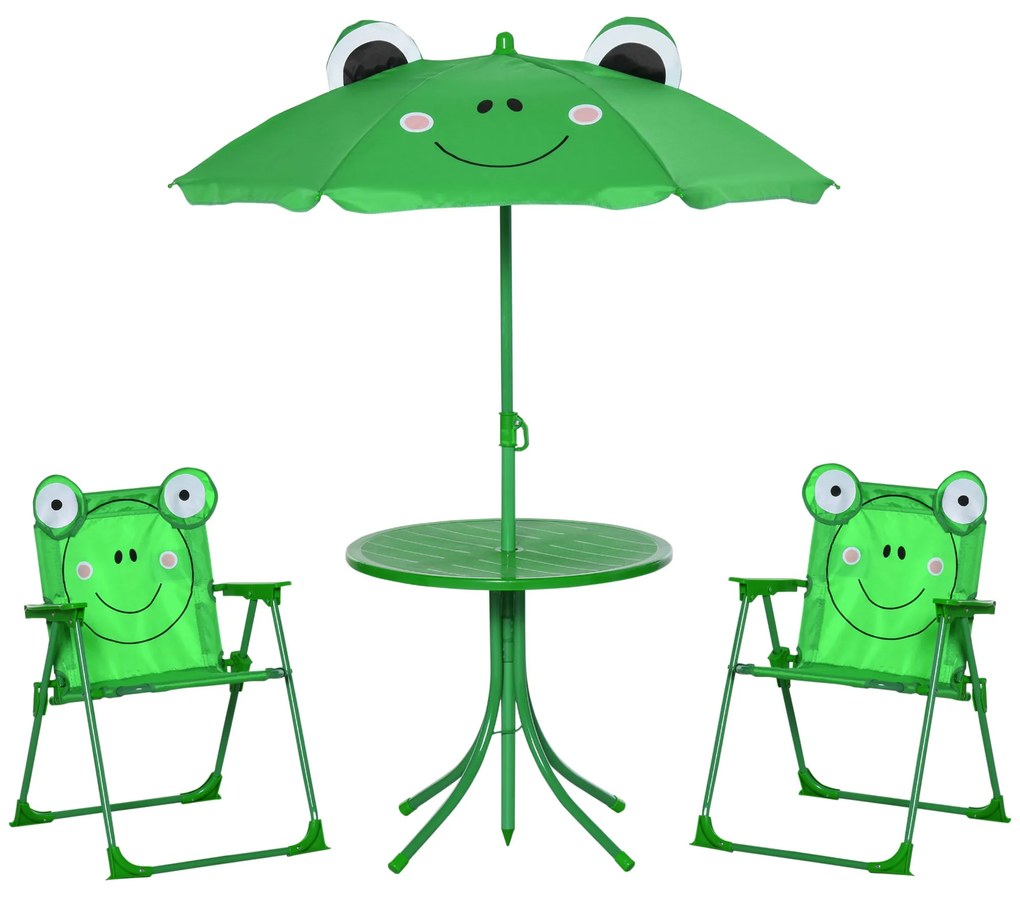 Outsunny Conjunto Mesa Cadeira Jardim Infantil Dobrável Chapéu Sol Desenho Sapo Verde 100-125cm