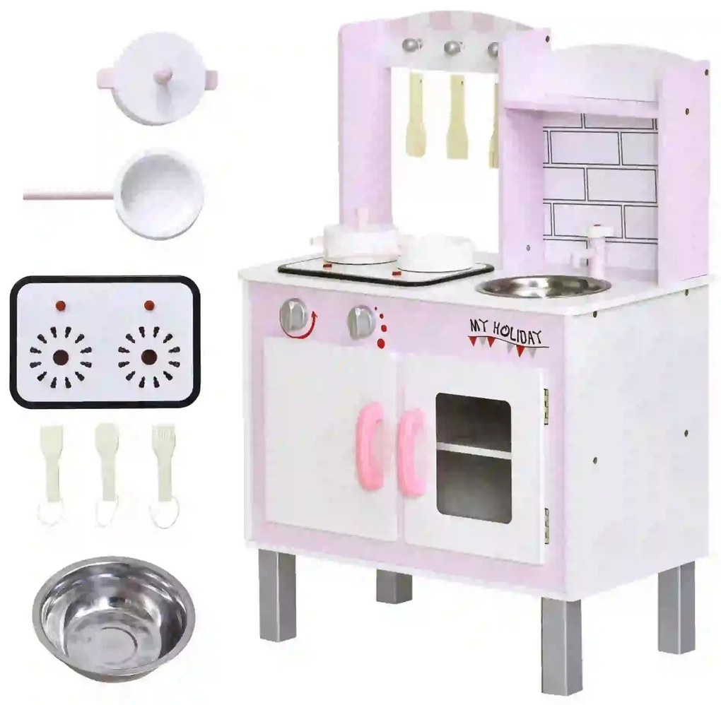 HOMCOM Cozinha  de brinquedo para crianças acima de 3 anos brinquedo educativo com espaço de armazenamento acessórios incluídos  som 55x 30x 80cm rosa