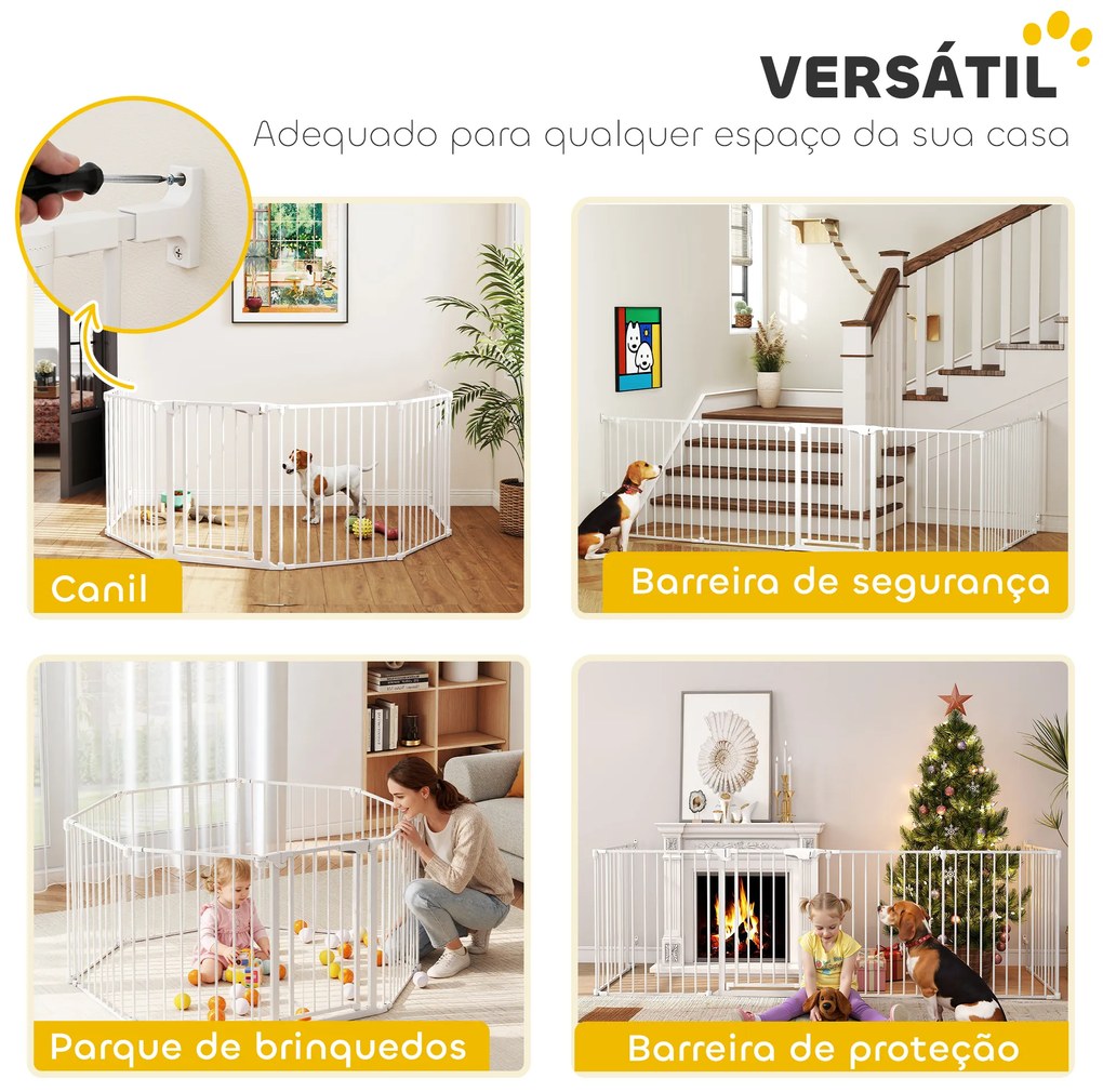 Parque para Cães Dobrável com 6 Painéis Porta com Fecho Duplo Barreira de Segurança para Escada Corredor Branco