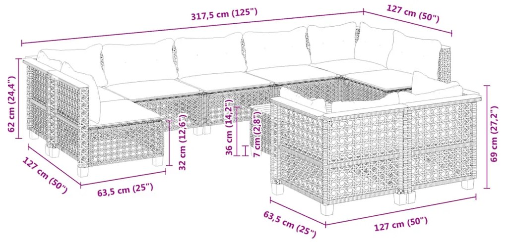 10 pcs conjunto sofás de jardim c/ almofadões vime PE cinzento