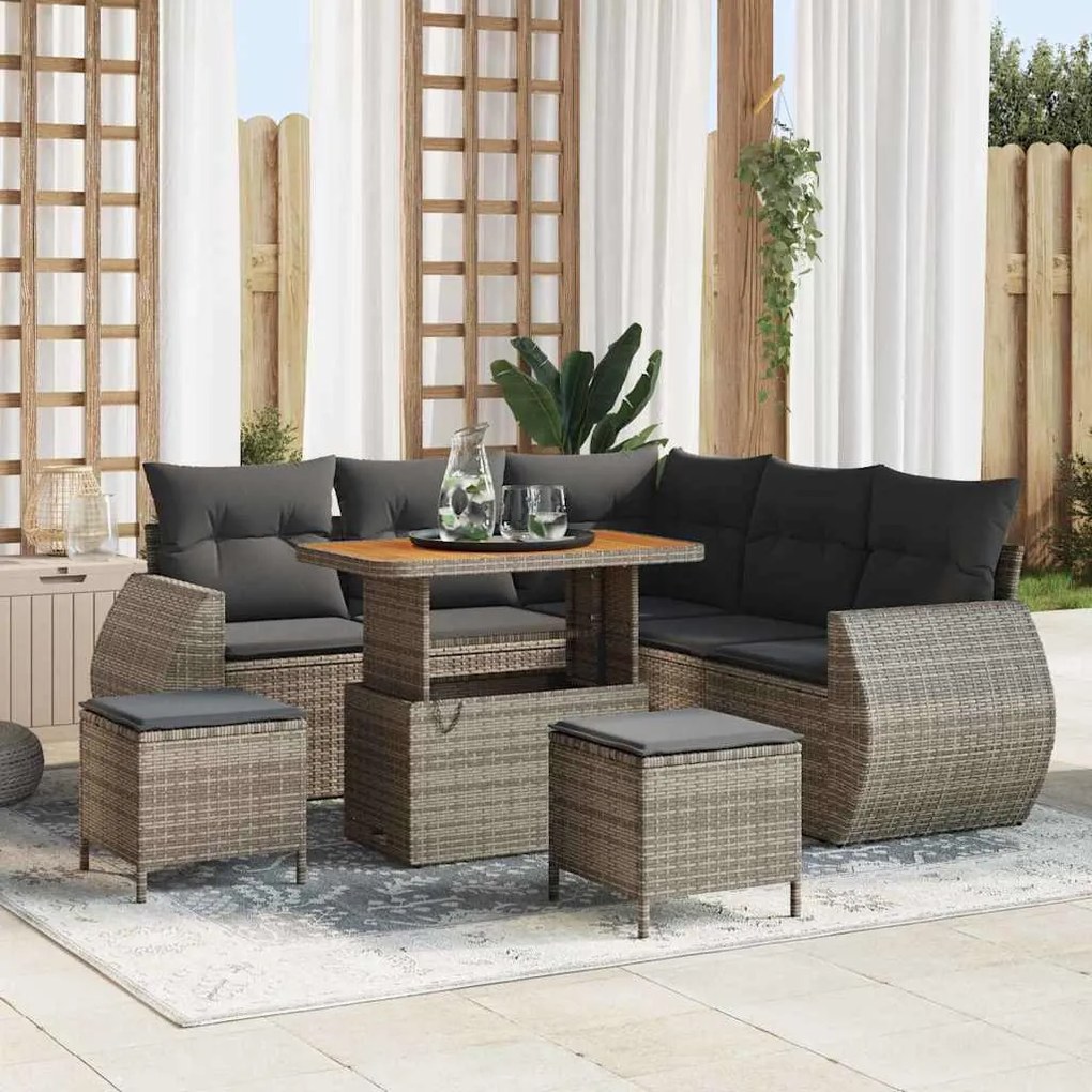 vidaXL Conjunto de Sofá de Jardim de 8 Peças com Almofadas em Rattan Sintético Cinza e Madeira de Acácia