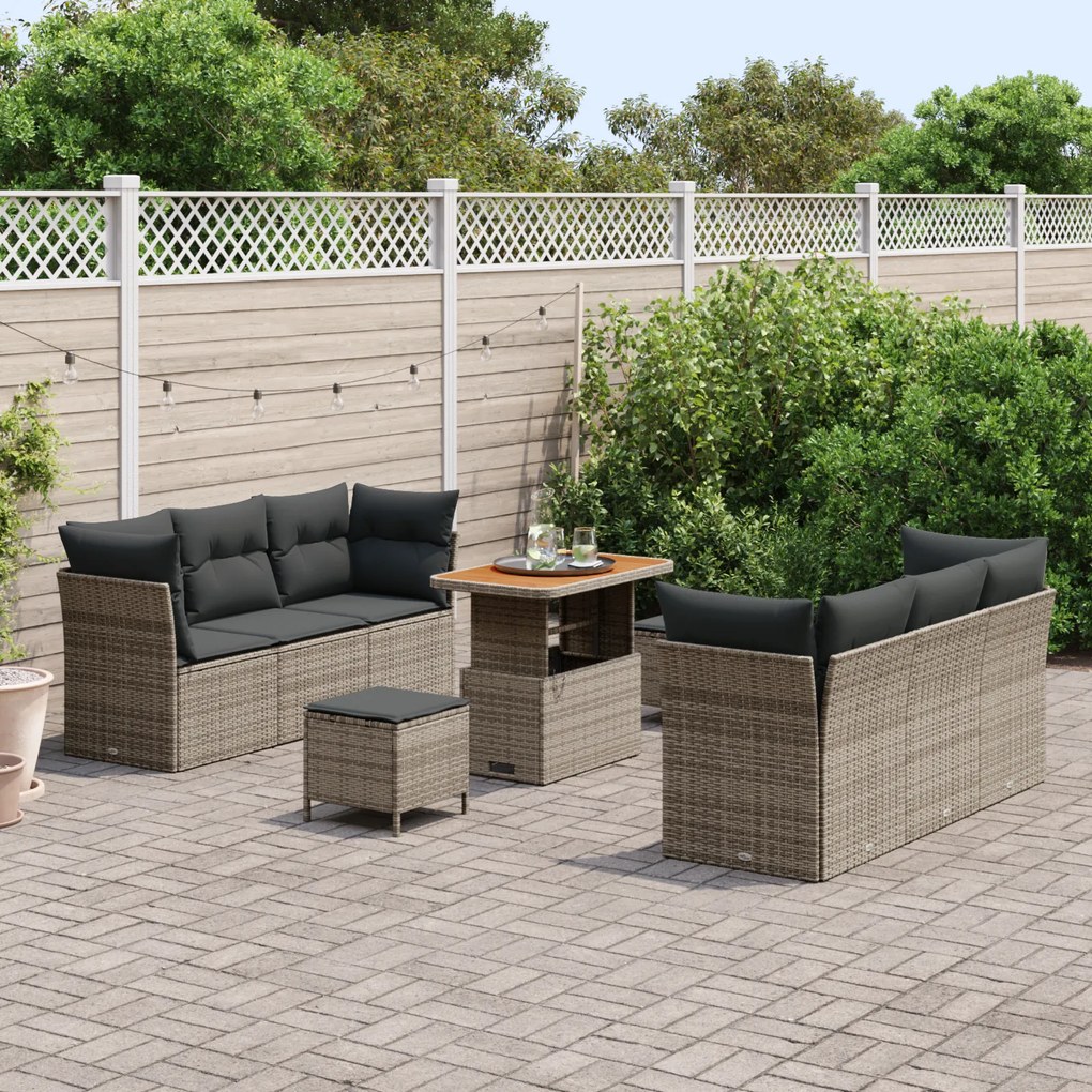 Conjunto de Sofás de Jardim vidaXL de 9 Peças com Almofadas Cinza Poli