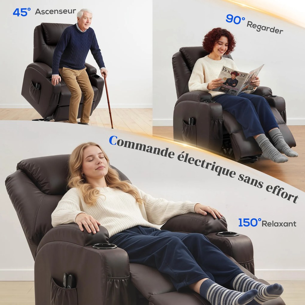 Poltrona elevatória elétrica 83 x 95 x 107 cm, poltrona relax elétrica, apoio para os pés, encosto reclinável, porta USB, castanho