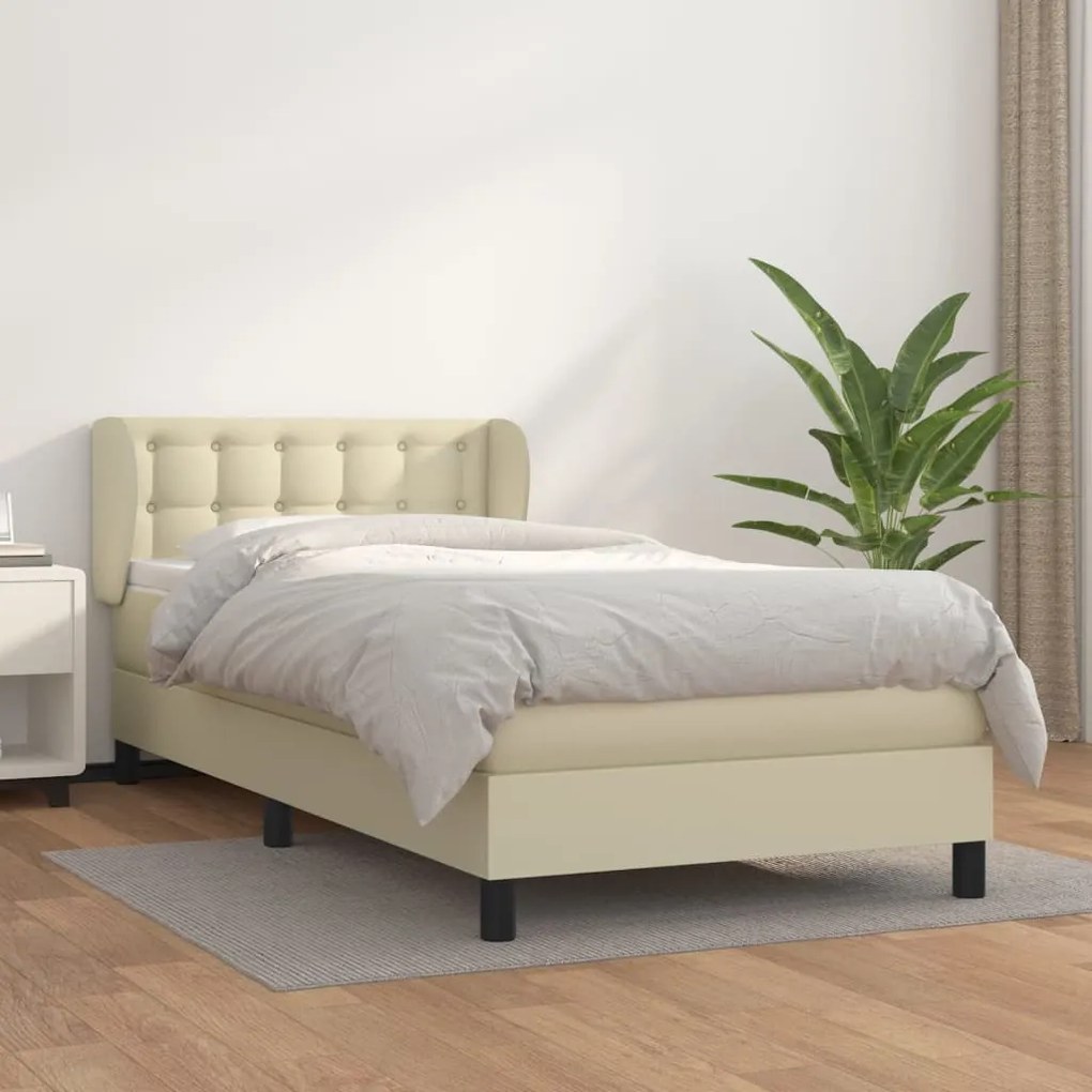 Cama com molas/colchão 100x200 cm couro artificial cor creme