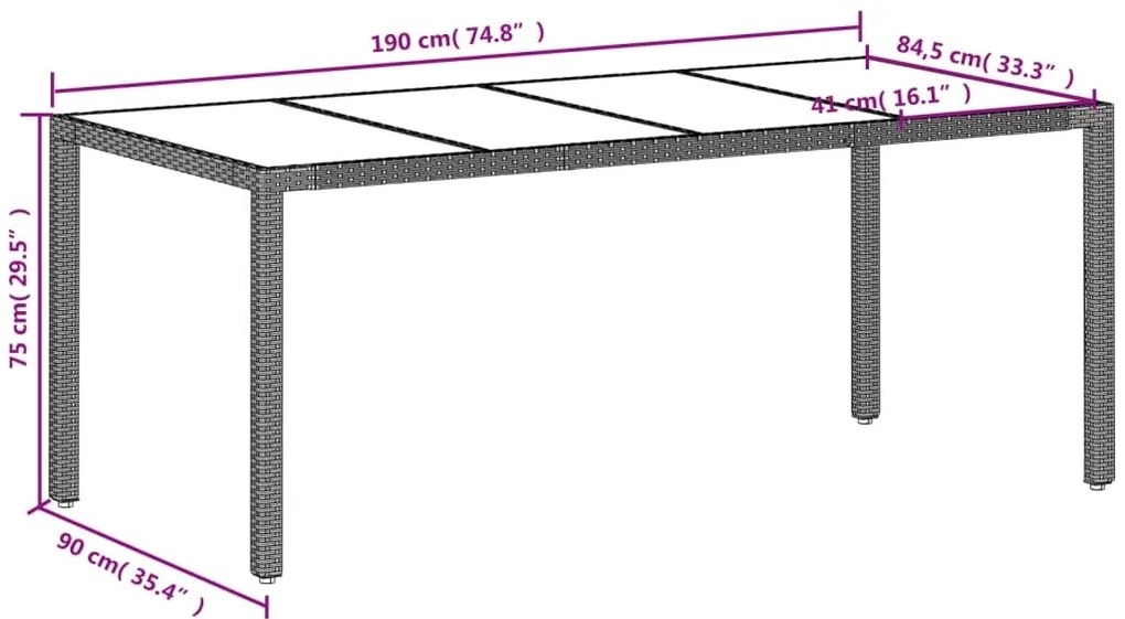 Mesa de jardim c/ tampo vidro 190x90x75 cm vime PE cinza-claro