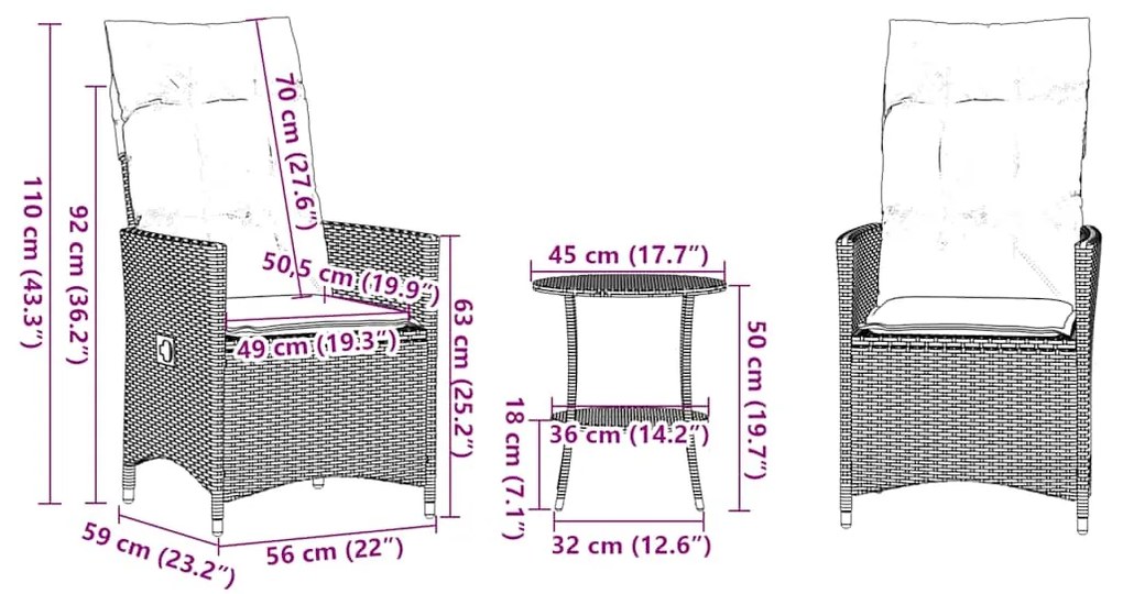 Conjunto Bistro de 3 peças com almofadas em rattan sintético cinza