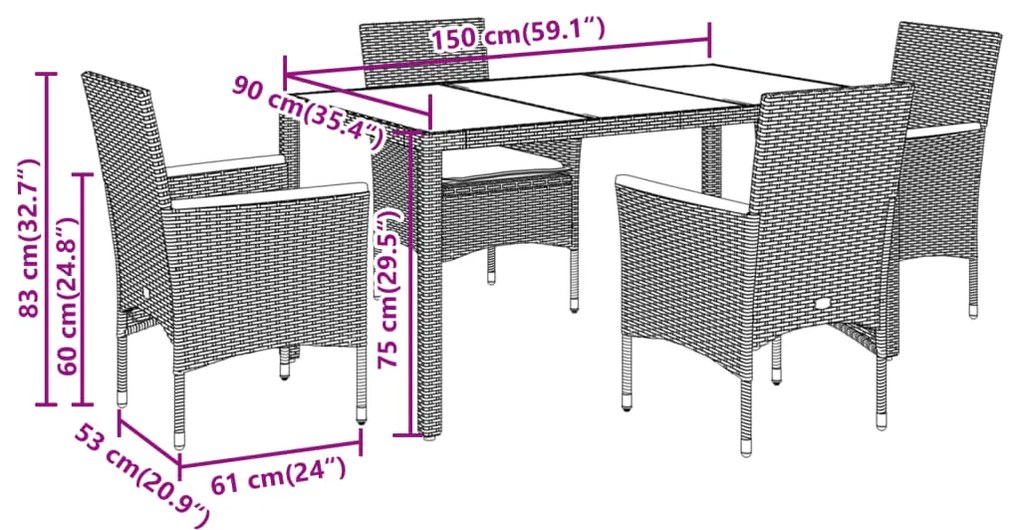 5 pcs conjunto jantar jardim c/ almofadões vime PE/acácia bege