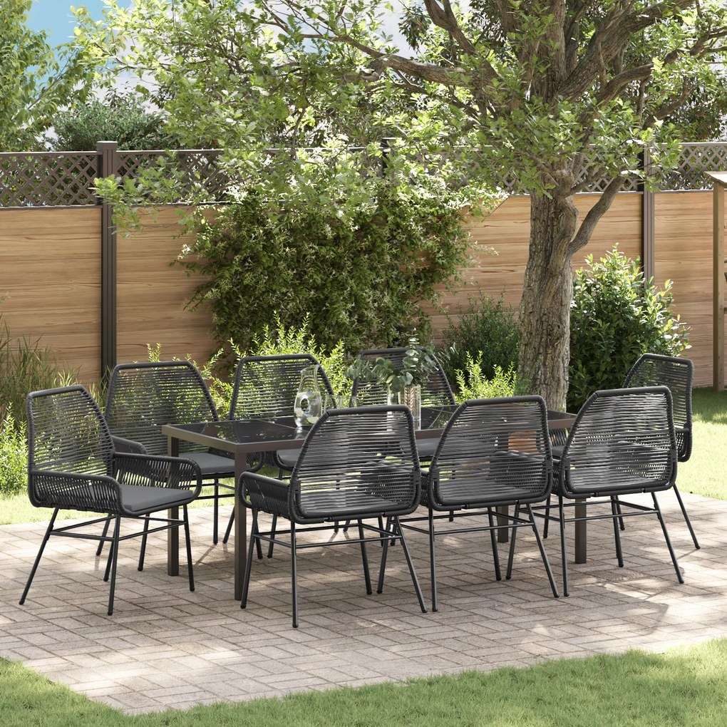 vidaXL Conjunto de Jantar de Jardim 9 Peças com Almofadas em Rattan Polipropileno Preto
