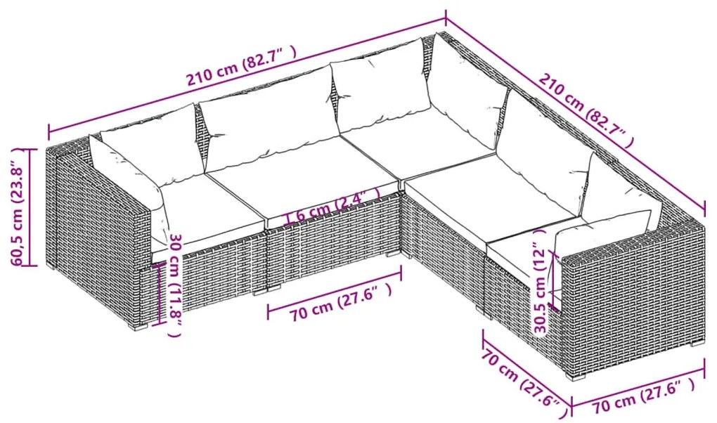 5 pcs conjunto lounge de jardim c/ almofadões vime PE preto