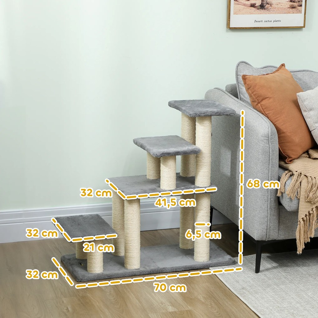 Escada ajustável para animais de estimação com 3/4 degraus, escada para gatos e cães com arranhadores de sisal, 70 x 32 x 68 cm, cinzenta