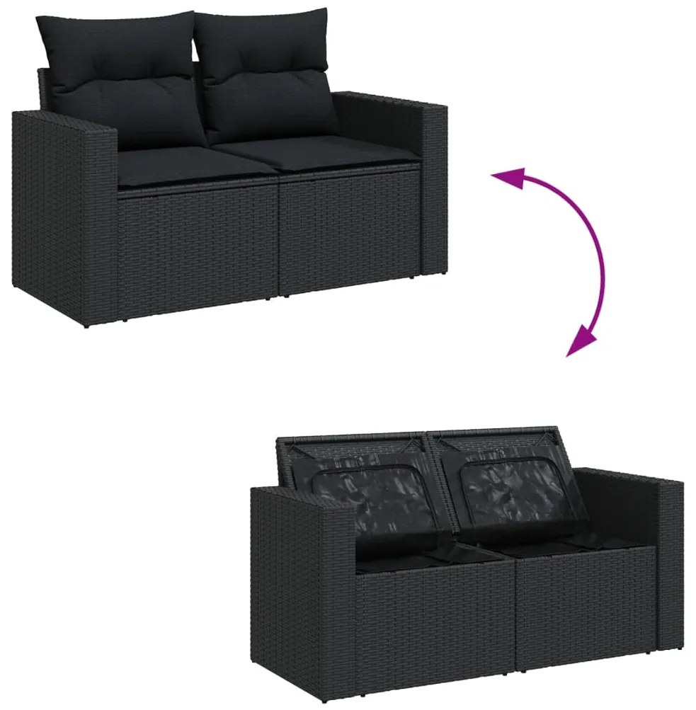 6 pcs conjunto sofás de jardim c/ almofadões vime PE preto